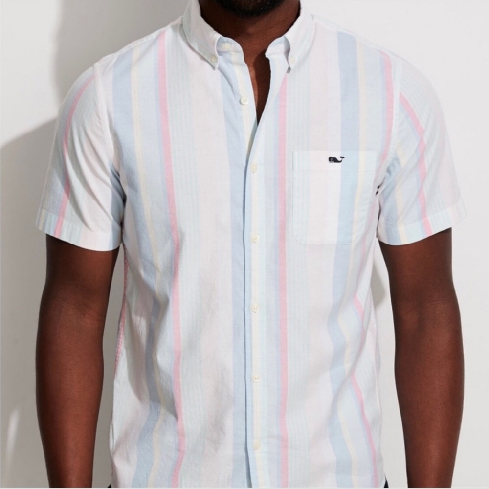 Vineyard Vines White Short-Sleeve Button-Down with Blue and Pink Stripes